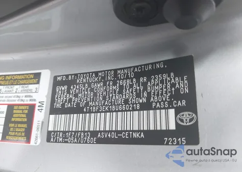 2011 Toyota Camry Le from USA, damaged, VIN 4T1BF3EK1BU660218